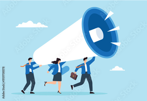 Flat illustration of business people shout on megaphone announcing marketing communications and promotions