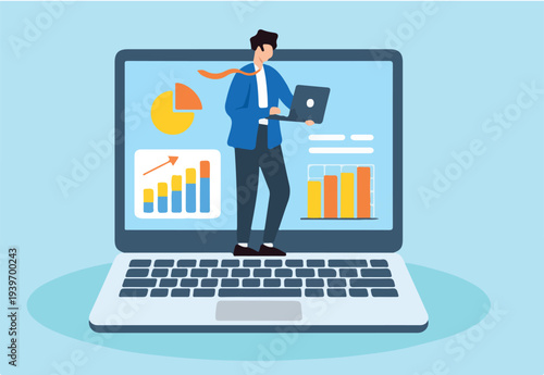 Flat illustration of businessman investor examines financial chart on laptop searching for profit opportunities in data analysis