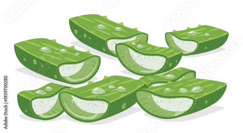 Eight vibrant green aloe vera leaf pieces, adorned with glistening water droplets, are scattered on a pristine white background.