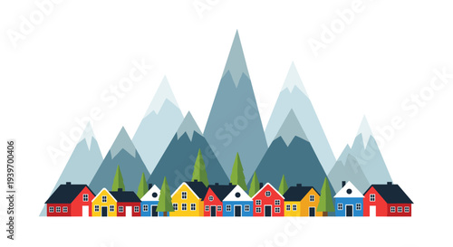 A neat row of colorful houses stands uniformly at the base of towering, stylized blue and grey mountains under a clear sky.