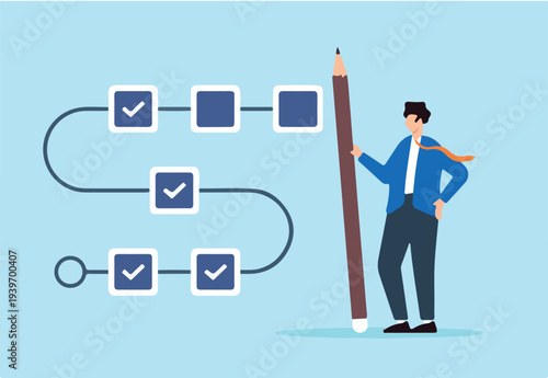 Flat illustration of project manager hold large pencil to check completed task tracking progress in project timeline