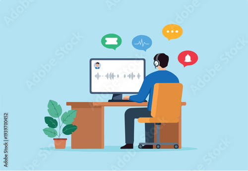 Flat illustration of remote consultant reviewing support tickets and notifications with headset and computer at home office desk