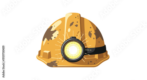 A worn, mud-splattered yellow hard hat with a brightly shining circular headlamp is prominently displayed on a clean white background.