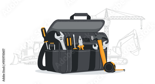 A dark grey open toolbox, slightly angled, displays a different assortment of silver and yellow tools against faint construction vehicle line art.