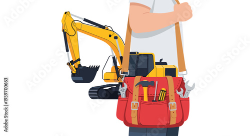 A person's torso, wearing a white t-shirt, carries a red canvas tool bag over their shoulder, with a yellow excavator behind them.