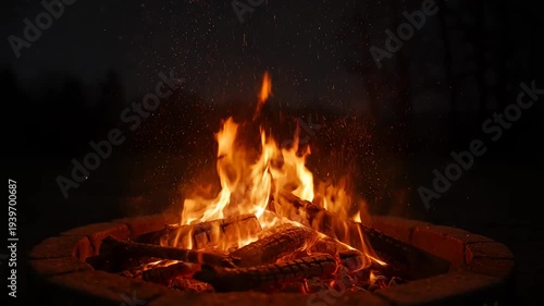 Vibrant campfire burning brightly in a brick fire pit on a dark night