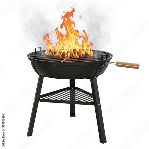A black barbecue grill with flames coming out of it isolated on white background