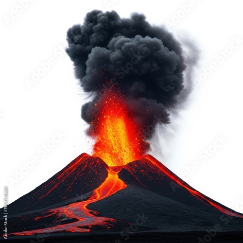 A large volcanic eruption with a massive cloud of smoke isolated on white background