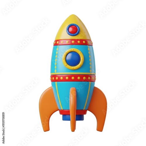 A colorful toy rocket with a pointed nose and fins isolated on white background