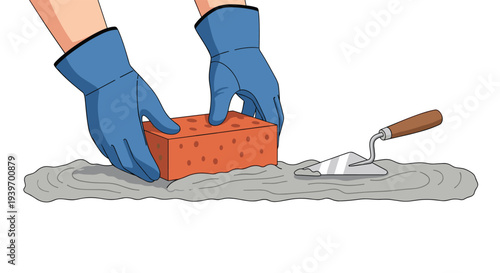 Two hands in blue protective gloves are carefully placing a single reddish-brown brick onto a fresh mound of grey mortar, with a silver trowel resting nearby.