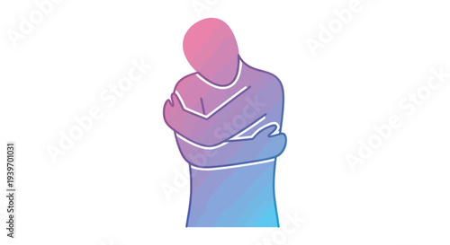 A person in a self-embrace depicted in a simple line art style with a vibrant pink to blue gradient.