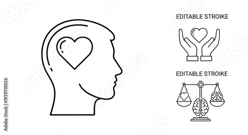Outline of a human head with a heart inside symbolizing love and emotion.