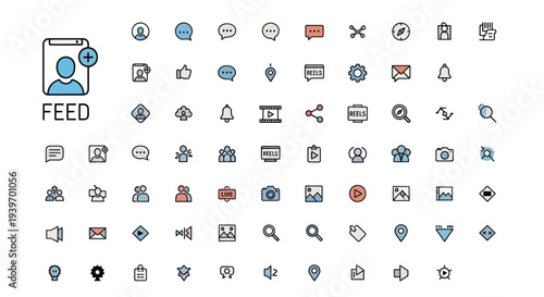 Collection of Minimalist Line Icons for User Interface and Web Design.