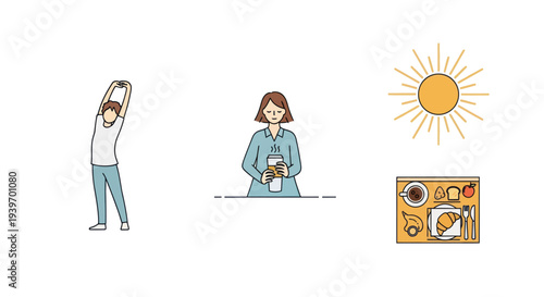 Morning Routine Illustrations: Stretching Plant Care Sun and Breakfast.