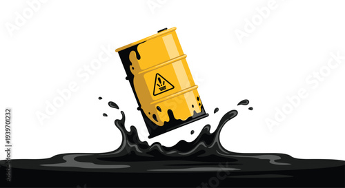 A yellow industrial barrel with a corrosive hazard symbol is tilted and splashing in a wide pool of dark black liquid.