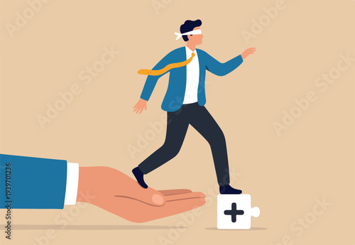 Trust reliability or work support, leadership to help or support employee, partnership to help success, care, belief or faith concept, businessman blindfold walk on trust reliable manager hand.