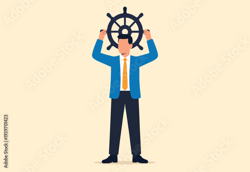 Self control or leadership thinking for business decision or guidance to the right direction, motivation, mindset or consciousness concept, businessman leader control steering wheel helm on his head
