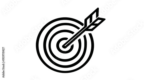 Outline icon of a target with an arrow hitting the bullseye, symbolizing success, accuracy, precision, goal achievement, and clear aim.