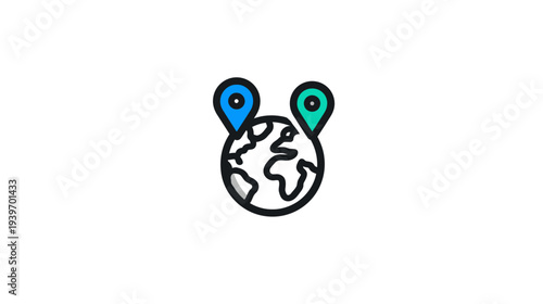 Global location pins icon with earth map. International travel, navigation, delivery, and worldwide connection concept illustration.