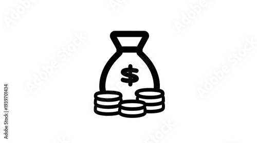 Money bag with dollar sign and stack of coins icon representing financial success, savings, investment, wealth, and business growth.