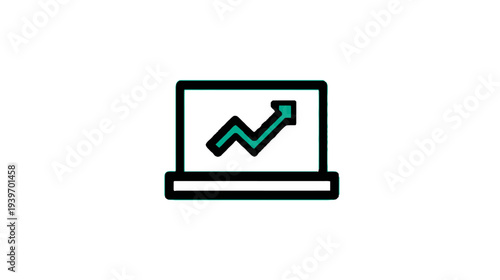 Laptop icon displaying an upward trending arrow graph, symbolizing business growth, financial success, technological progress, and data analysis.