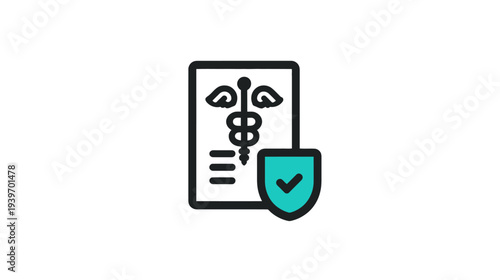 Healthcare Policy Document Icon with Secure Shield and Medical Symbol. Health Insurance and Patient Protection Concept.