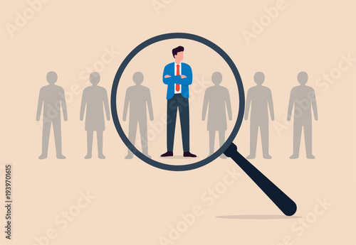 Outstanding winner candidate for job position, stand out from the crowd, notable, different or distinct person concept, confidence on human resource magnifying glass recruitment