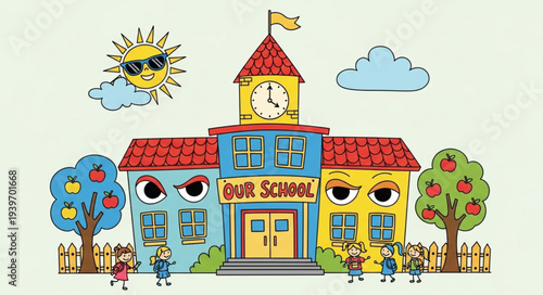 Colorful Cartoon School Building with Trees and Sky.