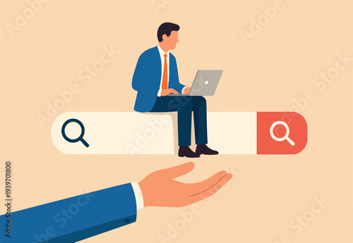 Search box, SEO search engine optimization or finding website from internet, online job or career opportunity concept, woman working with computer laptop on search box with magnifying glass button.