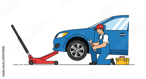 A male mechanic in blue overalls and a red cap is kneeling beside a blue sedan, which is lifted by a red floor jack, holding a silver wrench.