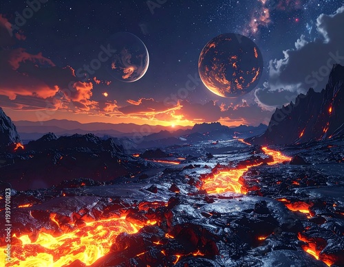 A celestial scene of two planets hanging above a volcanic landscape with fiery rivers beneath a dramatic sunset sky