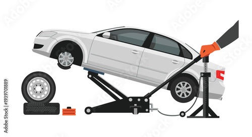 A gloved hand is operating a black scissor jack to lift a white sedan, with a spare tire and stacked tires positioned nearby on a white background.