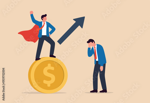 Social comparison anxiety, compare yourself to others, discourage of failure, loser or self motivation problem concept, sad depressed man stand on his hand compare himself with winning colleague