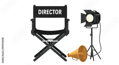 A black director's chair, a silver film spotlight on a tripod, and a golden megaphone are arranged on a clean white background.