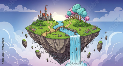 Floating Island with Waterfall and Lush Trees.