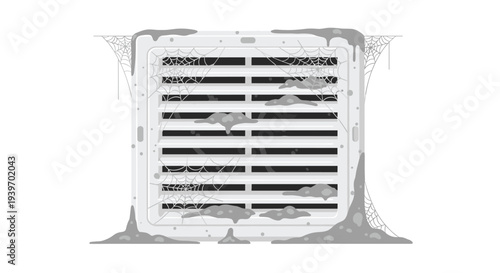 A square air vent is heavily covered with thick dust clumps and intricate spiderwebs against a clean white background.