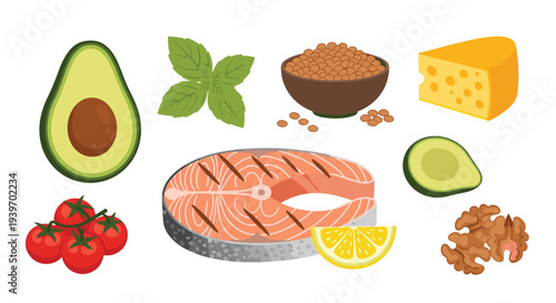 A vibrant selection of healthy ingredients including avocado, basil, lentils, cheese, tomatoes, grilled salmon, lemon, and walnuts is artfully arranged on a white background.
