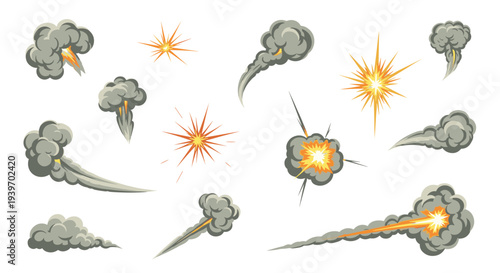 A diverse collection of twelve distinct cartoon explosion and smoke effects is scattered across a clean white background.