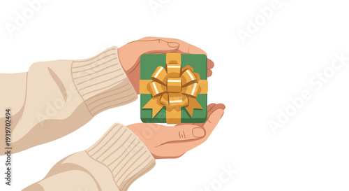 Two hands, clad in a textured beige knitted sweater, gently cradle a single green gift box adorned with a large golden ribbon against a clean white background.