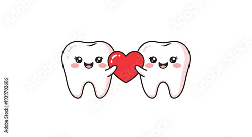 Two adorable, anthropomorphic cartoon teeth, each with rosy cheeks and smiling faces, collaboratively hold a single glossy red heart between them on a plain white background.