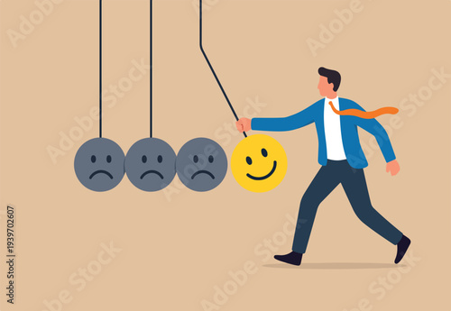 Optimistic, happiness or positive thinking inspire other people happy, emotional intelligence or balance between happiness and sadness, man holding smile face pendulum ball to hit other sad faces