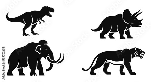 Prehistoric Animal Silhouettes: Tyrannosaurus Rex, Triceratops, Woolly Mammoth, Saber-toothed Tiger