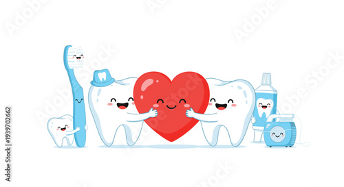 A charming family of four anthropomorphic cartoon teeth, including a large pair holding a red heart, is surrounded by dental hygiene items on a white background.
