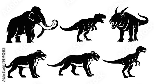 Prehistoric Animals and Dinosaurs Silhouettes Set - Extinct Mammals and Reptiles