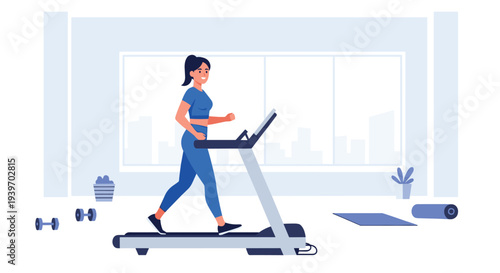 A cheerful woman in a blue athletic outfit runs on a treadmill inside a modern gym with a city skyline view.