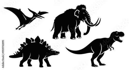Prehistoric Animals Silhouettes Collection: Dinosaur, Mammoth, and Pterodactyl Vector Set