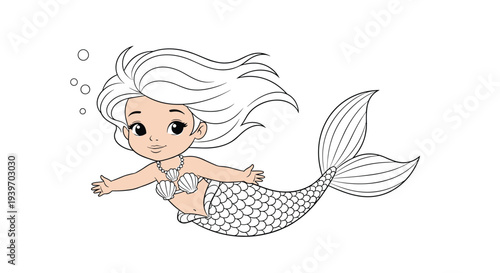Beautiful little mermaid girl with long flowing hair and a shell bikini swimming gracefully through the sea with bubbles.