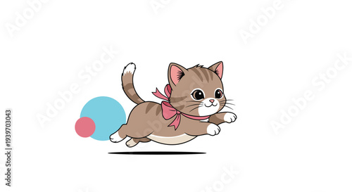 Playful brown tabby kitten with a pink bow running happily across the floor in a dynamic and cute animal illustration.