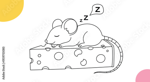 Cute cartoon mouse sleeping soundly on top of a large slice of swiss cheese with zzz symbols indicating a deep slumber.