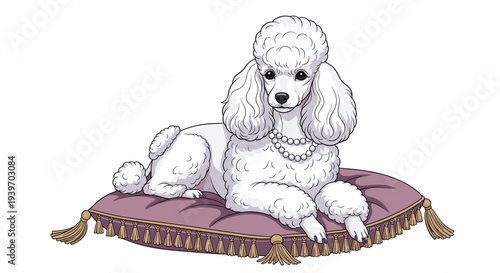 Elegant white poodle dog wearing a pearl necklace and lying comfortably on a luxurious purple tasseled cushion pillow.